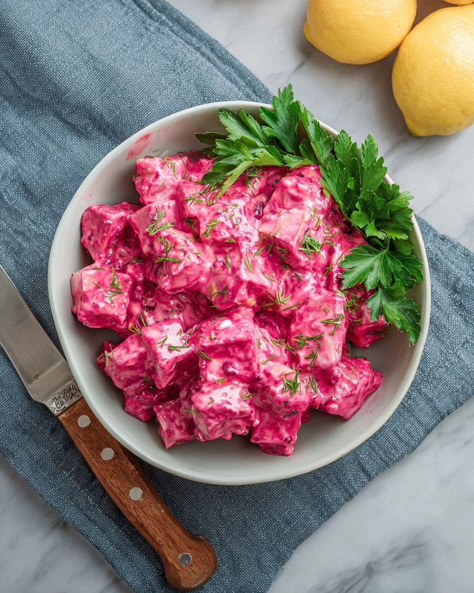 A bowl filled with a bright pink creamy dish made of small, chunky cubes coated in a smooth, glossy sauce, garnished with fresh green parsley leaves on the side; the bowl is white and placed on a white marbled surface with a gray cloth napkin underneath, a wooden-handled knife with a shiny silver blade is next to it, and part of two yellow lemons is visible in the top right corner. photo taken with an iphone --ar 4:5 --v 7