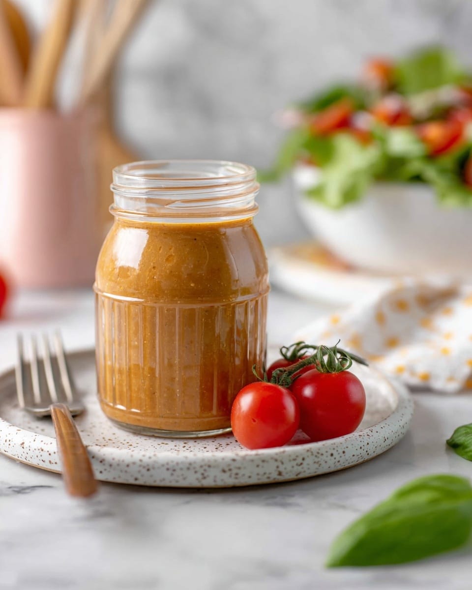 A clear textured glass jar filled with creamy brownish-orange dressing placed on a white speckled plate, with three round red cherry tomatoes attached to a green stem resting beside the jar on the plate; the background shows a white marbled surface with a blurred white bowl of salad and some pink and wooden kitchen items; a fork with a wooden handle and a green basil leaf lie in the foreground near the plate, photo taken with an iphone --ar 4:5 --v 7