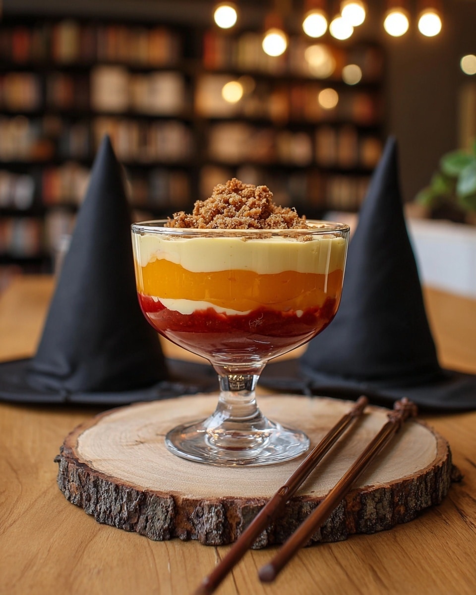 A glass dessert cup stands on a round wooden slice with rough bark edges, filled with five visible layers: the bottom layer is deep red and smooth, followed by a bright orange thick layer, then a pale yellow creamy layer, topped by a light beige mousse layer with small brown crumbles sprinkled on top as garnish. The dessert cup has a clear, rounded shape with a short stem. In the background on a wooden table are two black witch hats and two brown wooden wands. The setting is cozy with a blurred, warm indoor backdrop featuring shelves and soft lighting. photo taken with an iphone --ar 4:5 --v 7