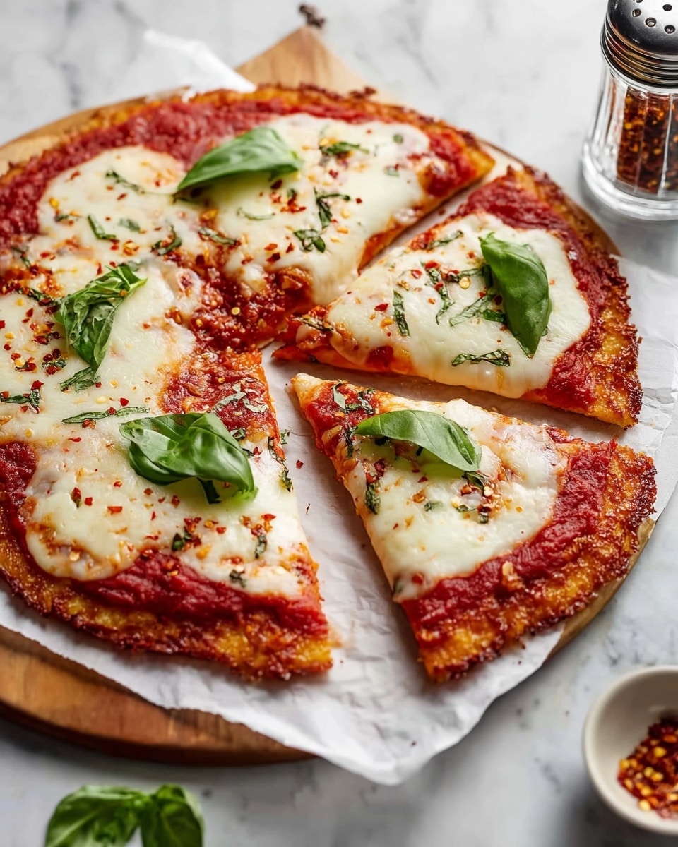 A pizza with four slices on white parchment paper over a wooden board sits on a white marbled surface. The pizza has three main layers: a golden-brown crispy crust base, a bright red tomato sauce spread evenly on top, and thick, melted white mozzarella cheese covering the sauce with some red chili flakes sprinkled. Fresh green basil leaves are placed on each slice, adding contrast. In the background, there is a clear pepper shaker and a small white bowl filled with red chili flakes. photo taken with an iphone --ar 4:5 --v 7
