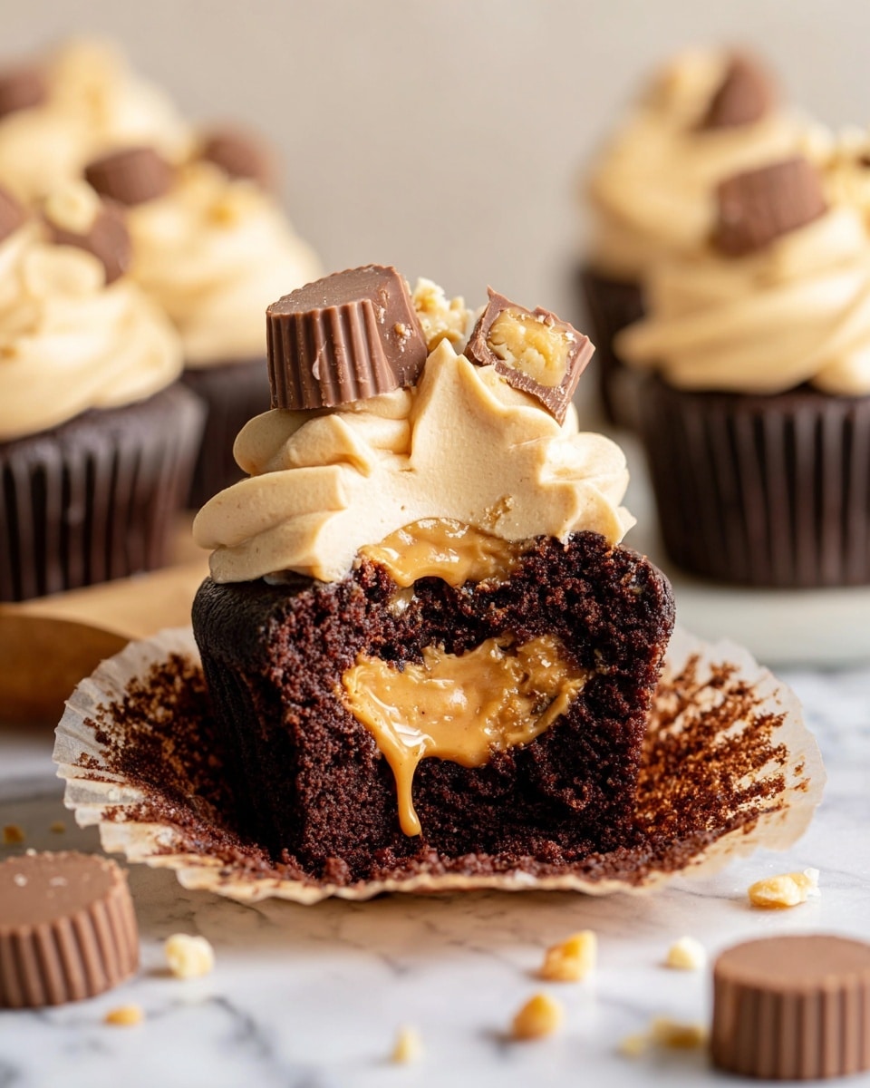 The image shows a cut chocolate cupcake with three layers: the bottom layer is dark and moist chocolate cake, the middle layer is a smooth light brown peanut butter filling that oozes out, and the top layer is thick, creamy beige peanut butter frosting swirled in two rounded peaks. The frosting is sprinkled with small crunchy peanut pieces and topped with two small round peanut butter chocolates, one whole and one cut in half, positioned on the right side of the frosting. The cupcake sits on brown parchment paper on a white marbled surface, with more chocolate cupcakes and peanut butter chocolates blurred in the background. photo taken with an iphone --ar 4:5 --v 7