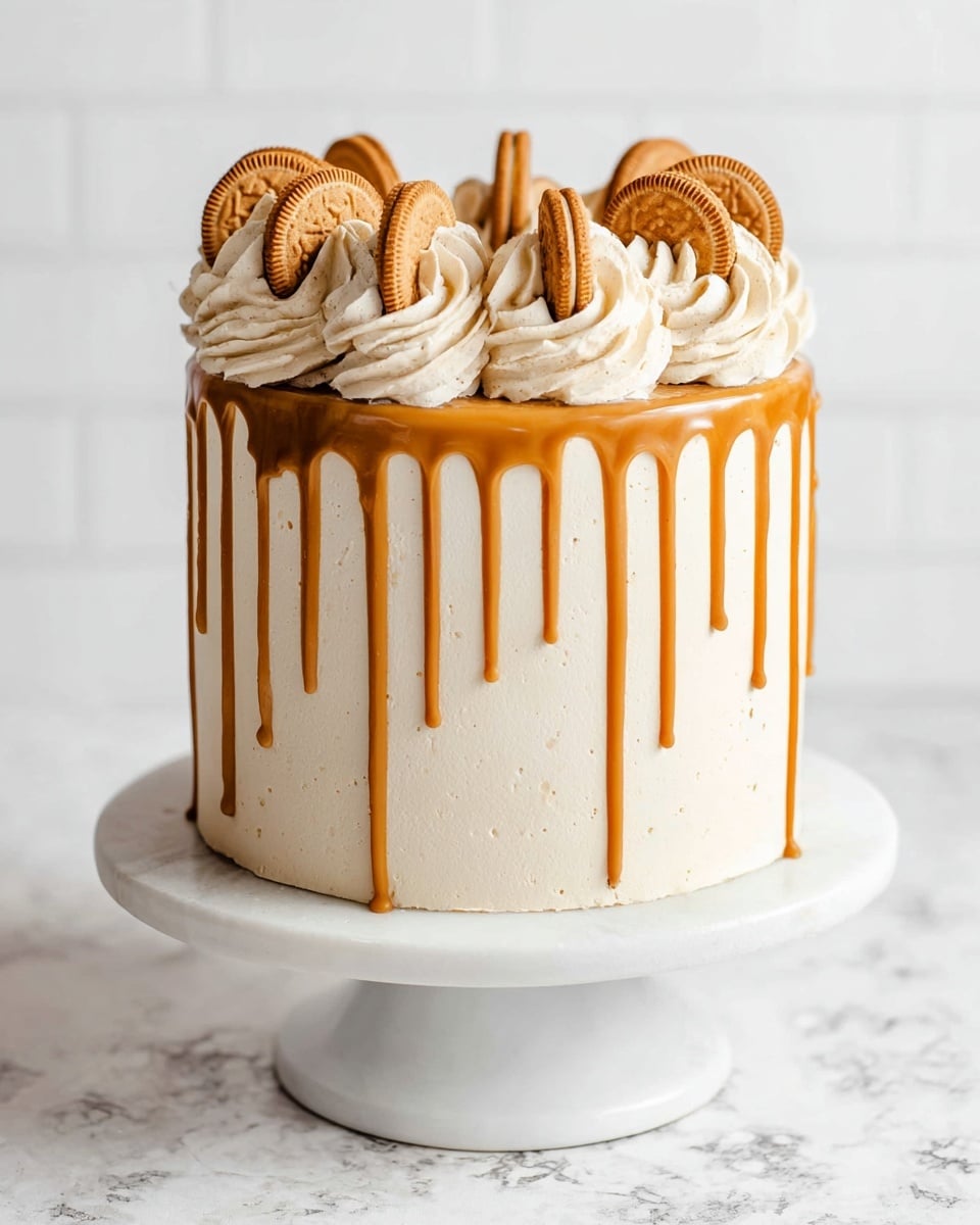 A tall round cake with smooth light cream frosting covering the whole outside. There is a shiny caramel drip sauce flowing down from the top edge, creating long drips down the sides. On top, there is a ring of thick swirls of light cream frosting, each topped with round light brown sandwich cookies placed vertically. The cake is sitting on a white marble cake stand, and the background is a white marbled texture. photo taken with an iphone --ar 4:5 --v 7