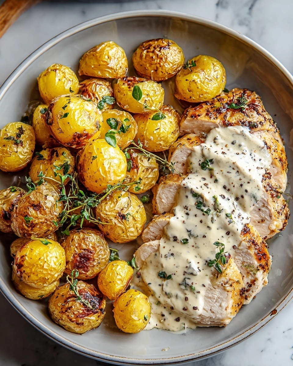 The image shows a white bowl filled with two main layers: on the left, a piled layer of small, round roasted potatoes with golden, browned skins and some fresh green herb sprigs sprinkled over them, and on the right, a large grilled chicken breast sliced into thick pieces, covered by a creamy white sauce with visible black pepper specks and green herbs. The bowl sits on a white marbled surface, highlighting the vibrant golden browns and creamy whites of the food. Photo taken with an iphone --ar 4:5 --v 7