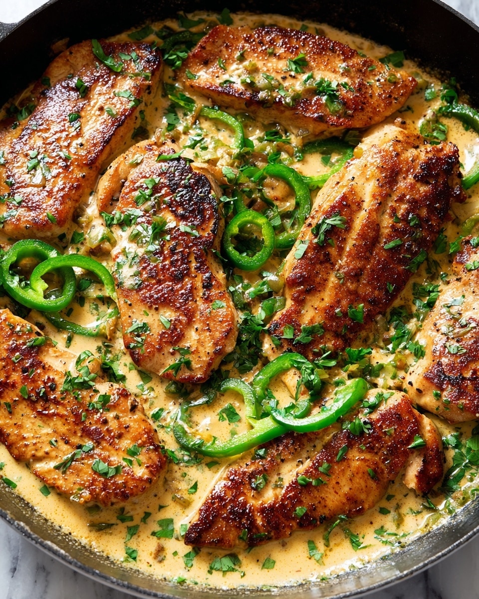 A close-up view of a skillet filled with around ten pieces of browned chicken breasts, each piece showing a golden, crispy texture with slight char marks on top. The chicken pieces are nestled in a creamy light beige sauce speckled with green herbs. Scattered evenly throughout the dish are bright green sautéed pepper slices with a glossy surface. The sauce has a thick consistency and coats parts of the chicken and peppers. The skillet is black, and the image is set on a white marbled background. Photo taken with an iphone --ar 4:5 --v 7
