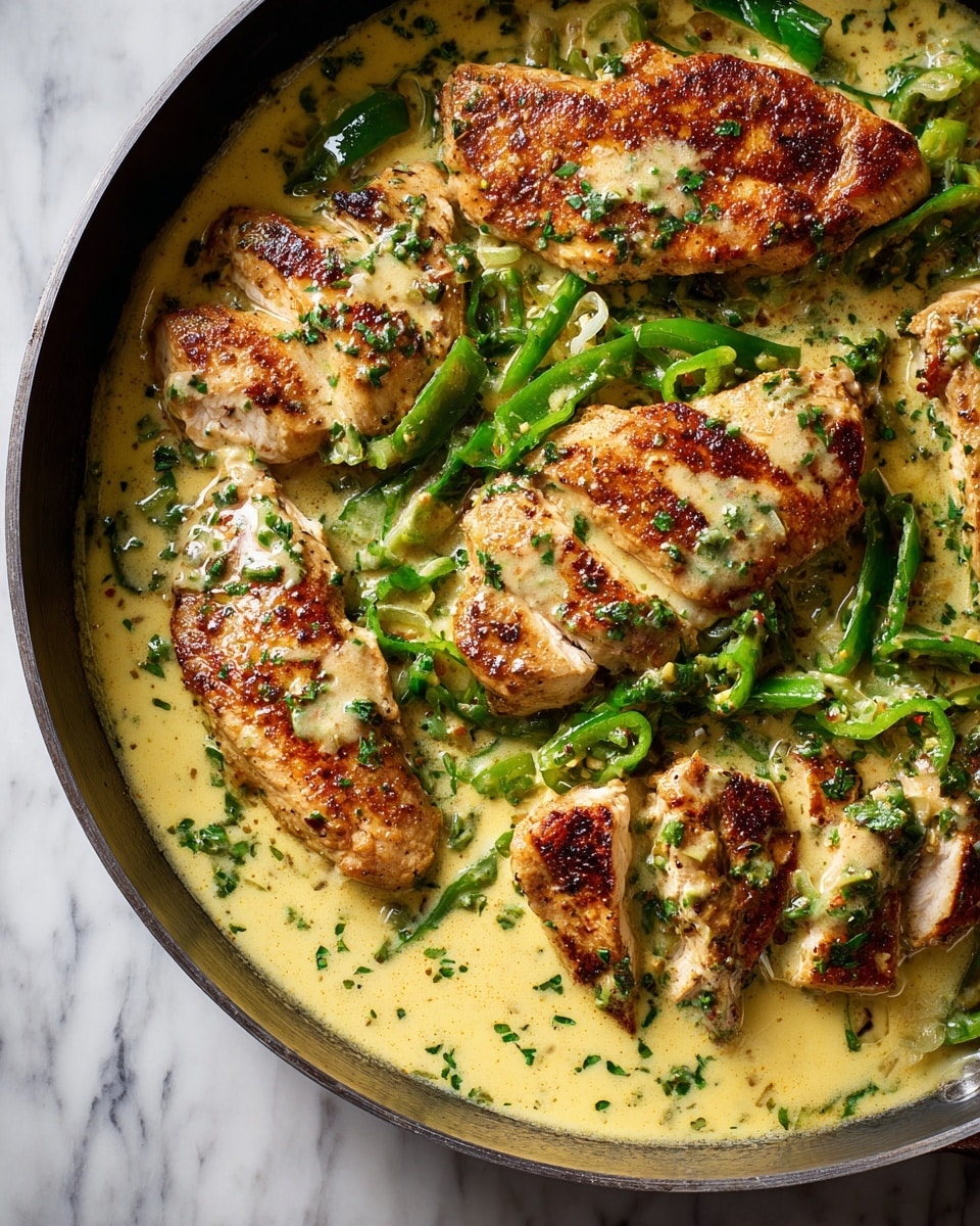 A pan filled with several pieces of browned, grilled chicken breasts covered in a creamy, light yellow sauce mixed with finely chopped green herbs. The sauce is thick and smooth, containing sliced bright green peppers and bits of green onions scattered evenly. The chicken pieces are arranged in a slightly overlapping pattern, with some sauce pooled around and on top of them, creating a rich, glossy look. The pan sits on a surface with a white marbled texture. photo taken with an iphone --ar 4:5 --v 7