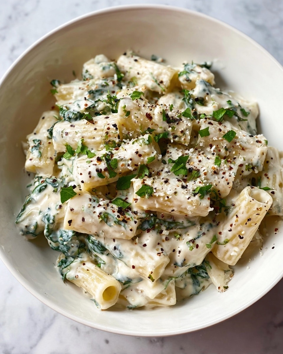 A white bowl holds a creamy pasta dish featuring short tube-shaped pasta covered in a thick, smooth white sauce with visible green spinach leaves mixed in. The pasta is layered evenly in the bowl, topped with small fresh green herb pieces and scattered black cracked pepper, adding texture and color contrast. The sauce clings to the pasta with a glossy finish, while some finely grated cheese is lightly sprinkled across the top. The bowl sits on a white marbled surface. photo taken with an iphone --ar 4:5 --v 7