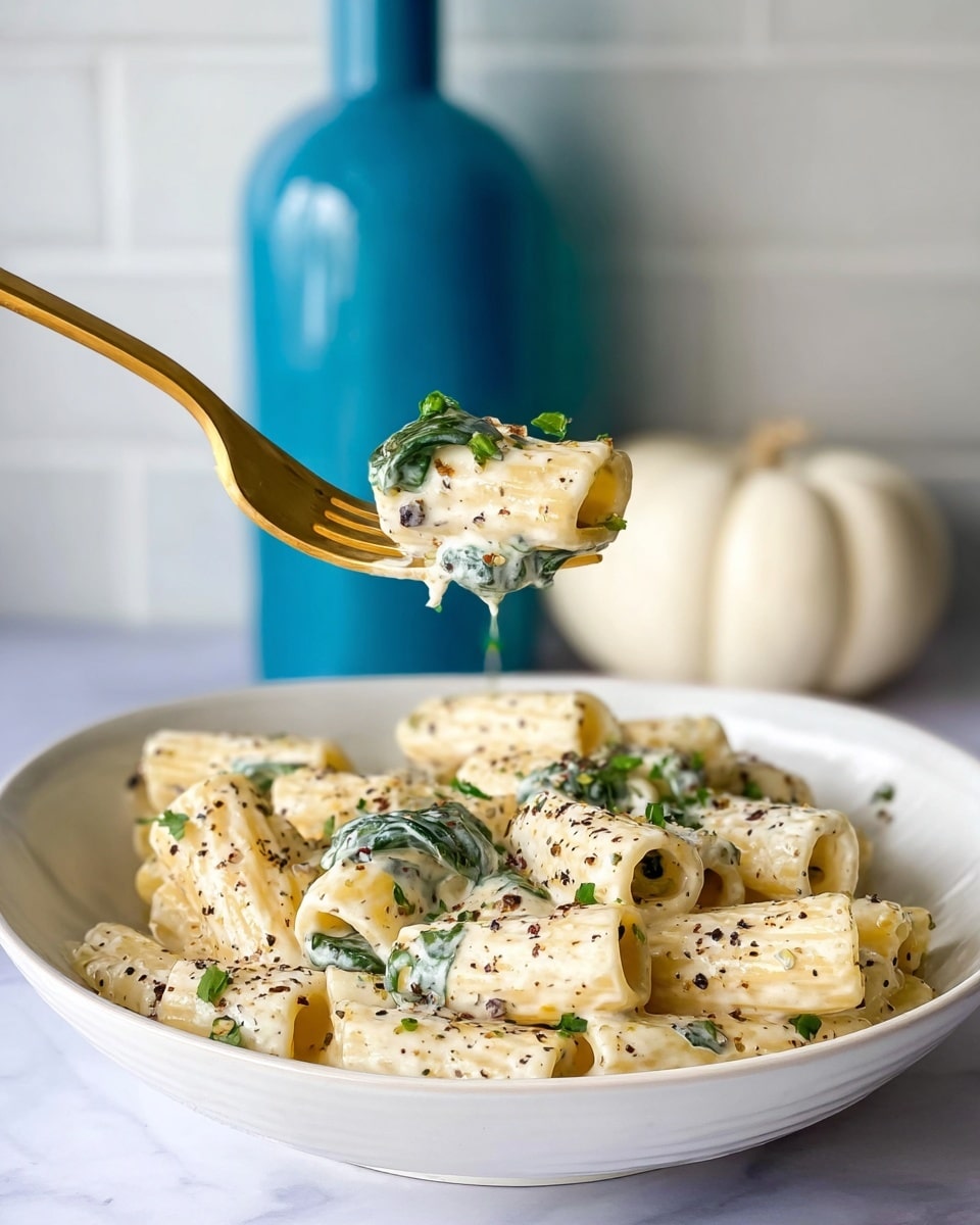 A white bowl filled with creamy rigatoni pasta coated in a light, smooth white sauce, mixed with green spinach leaves and sprinkled with crushed black pepper and chopped parsley, creating a contrast of pale yellow pasta, vibrant green, and black specks. Above the bowl, a golden fork holds a bite of rigatoni with sauce and a spinach leaf, highlighting the creamy texture and freshness. The background shows a white marbled surface with a blurred white pumpkin and a tall blue bottle, giving a clean, simple look. Photo taken with an iphone --ar 4:5 --v 7
