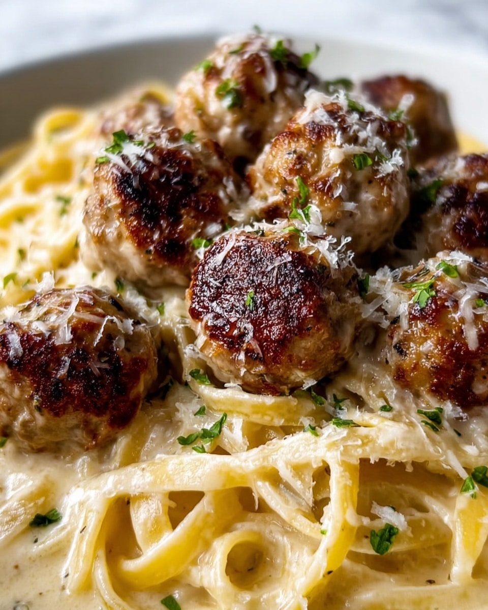 The image shows a close-up of several browned meatballs sitting on a bed of creamy spaghetti pasta. The spaghetti noodles are coated in a smooth, light-colored sauce that looks rich and velvety, gently twisting around and under the meatballs. The meatballs are golden brown with a slightly crispy texture on the outside, and small bits of green herbs are sprinkled on top of everything, adding a pop of color. A light dusting of grated cheese is visible on both the meatballs and pasta, enhancing the dish's rich and comforting look. The dish is presented on a white plate, set against a white marbled surface. Photo taken with an iphone --ar 4:5 --v 7