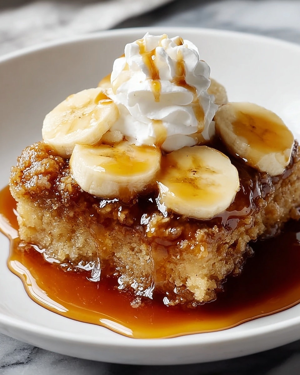 A white plate holds a serving of crumbly, golden-brown baked dessert as the bottom layer, topped with a shiny, dark amber syrup that spreads slightly onto the plate. On this syrupy base, there are several round, pale yellow banana slices neatly arranged. Above the bananas, there is a small dollop of white whipped cream with smooth texture, drizzled with more golden syrup that gently runs down the sides. The plate sits on a white marbled surface. Photo taken with an iphone --ar 4:5 --v 7