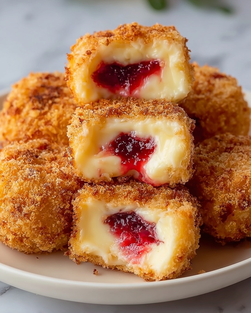The image shows six round fried dessert bites stacked on a white plate with a white marbled surface background. Each bite has a golden brown crispy crumb coating forming the outer layer with a rough texture. Inside, the creamy middle layer is pale yellow and smooth, visible from bites taken in a few pieces. In the center, there is a bright red jam layer with a slightly glossy, sticky look, contrasting with the creamy layer around it. The bites are close together, filling most of the plate area. Photo taken with an iphone --ar 4:5 --v 7