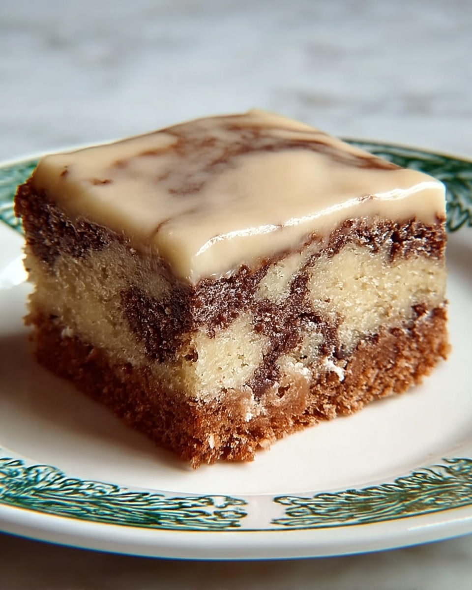 A square piece of layered cake sits on a white plate with green decorative patterns. The cake has three visible layers: the bottom layer is a light brown crust with a slightly rough texture; the middle layer is a marbled mix of creamy beige and dark brown swirls, creating a soft, moist look; the top layer is a smooth, glossy pale beige glaze that covers the entire surface evenly. The edges show some crumbly bits, and the cake looks thick and dense. The plate rests on a white marbled texture surface. photo taken with an iphone --ar 4:5 --v 7