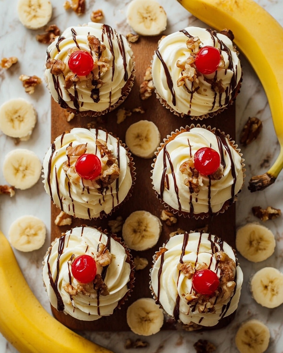 Six cupcakes arranged on a white marbled surface, each topped with a thick swirl of creamy off-white frosting. The frosting is drizzled with thin, uneven lines of dark brown chocolate sauce. On top of the frosting, there are a few small, rough-textured pieces of light brown walnuts and a bright red glossy cherry in the center of each cupcake. Surrounding the cupcakes are scattered banana slices showing a pale yellow and white inside, along with more walnut pieces. Two whole yellow bananas frame the edges of the scene. The color contrast between the soft frosting, dark chocolate, red cherries, and natural banana slices creates a warm and inviting look. photo taken with an iphone --ar 4:5 --v 7