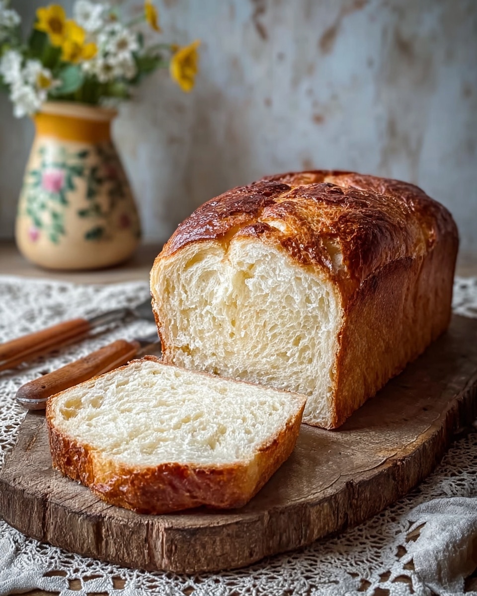 A freshly baked loaf of bread sits on a rough wooden board with one thick slice cut and placed in front, showing a soft, airy inside with a pale golden color. The crust is shiny and deep golden brown with a slightly uneven, textured top. The background features a soft focus with a white marbled texture underneath, a small patterned jug with yellow and white flowers, and a delicate lace cloth beneath the board. A fork and knife with wooden handles rest to the side. Photo taken with an iphone --ar 4:5 --v 7