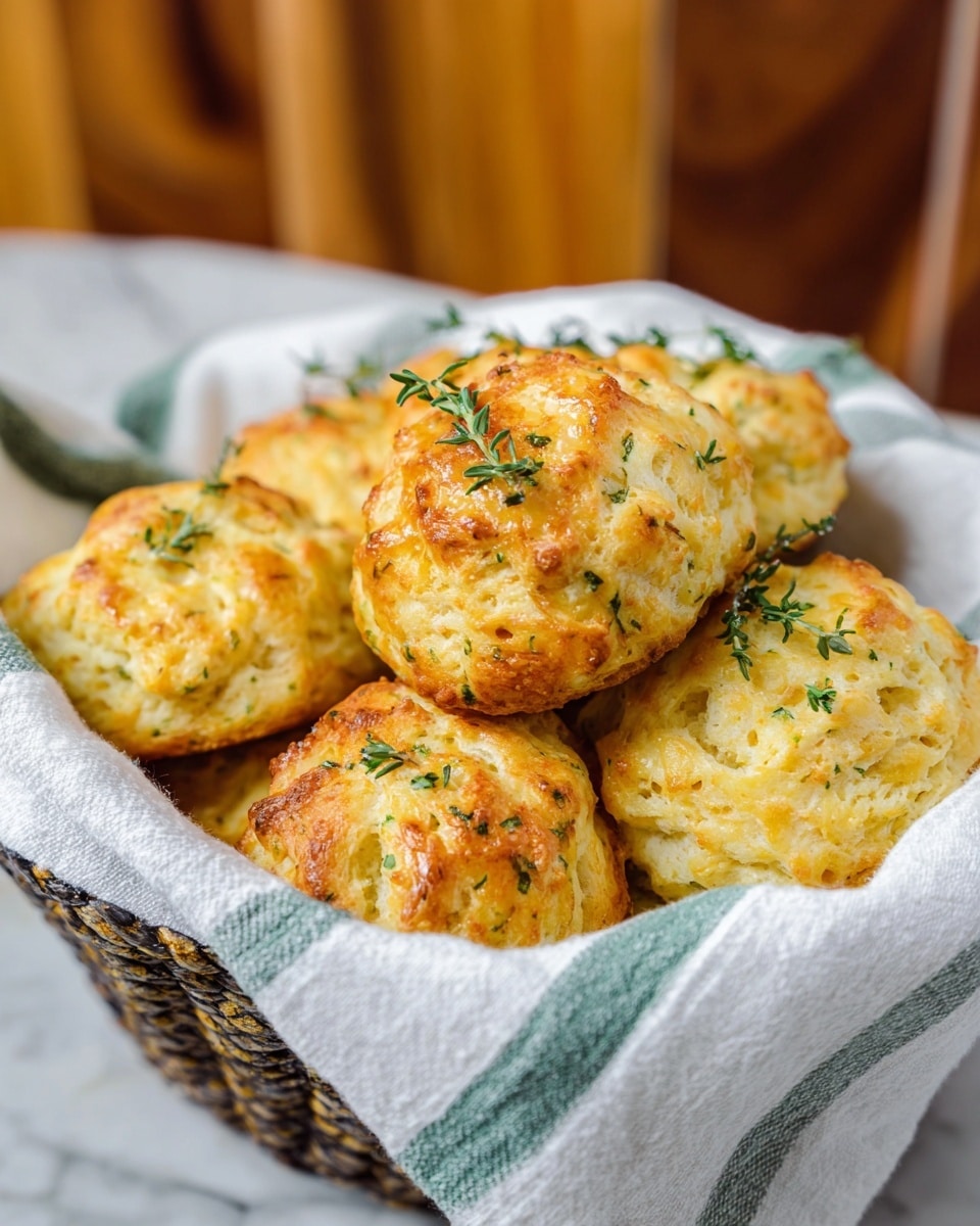 A basket lined with a white and green striped cloth holds seven golden-brown cheese biscuits. Each biscuit shows a rough, slightly uneven surface with a crispy texture and small green flecks of herbs, topped with tiny sprigs of fresh thyme. The biscuits are piled closely together, showing their soft and fluffy interior edges. The basket sits on a white marbled surface, and the background is softly blurred with warm wooden tones. photo taken with an iphone --ar 4:5 --v 7