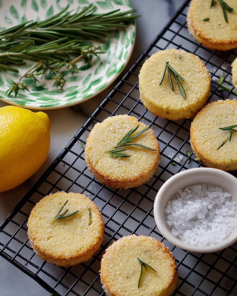 Several round lemon rosemary cookies with a light golden color and a sugar-crystal coated edge are arranged on a black wire cooling rack over a white plate with a green leafy pattern. Each cookie has a small sprig of rosemary on top. To the left, a whole bright yellow lemon and fresh green rosemary sprigs rest on the white marbled textured surface. On the right side of the rack, there is a white bowl filled with coarse sea salt. The scene is well lit, showing the texture of the cookies and the fresh herbs clearly. Photo taken with an iphone --ar 4:5 --v 7