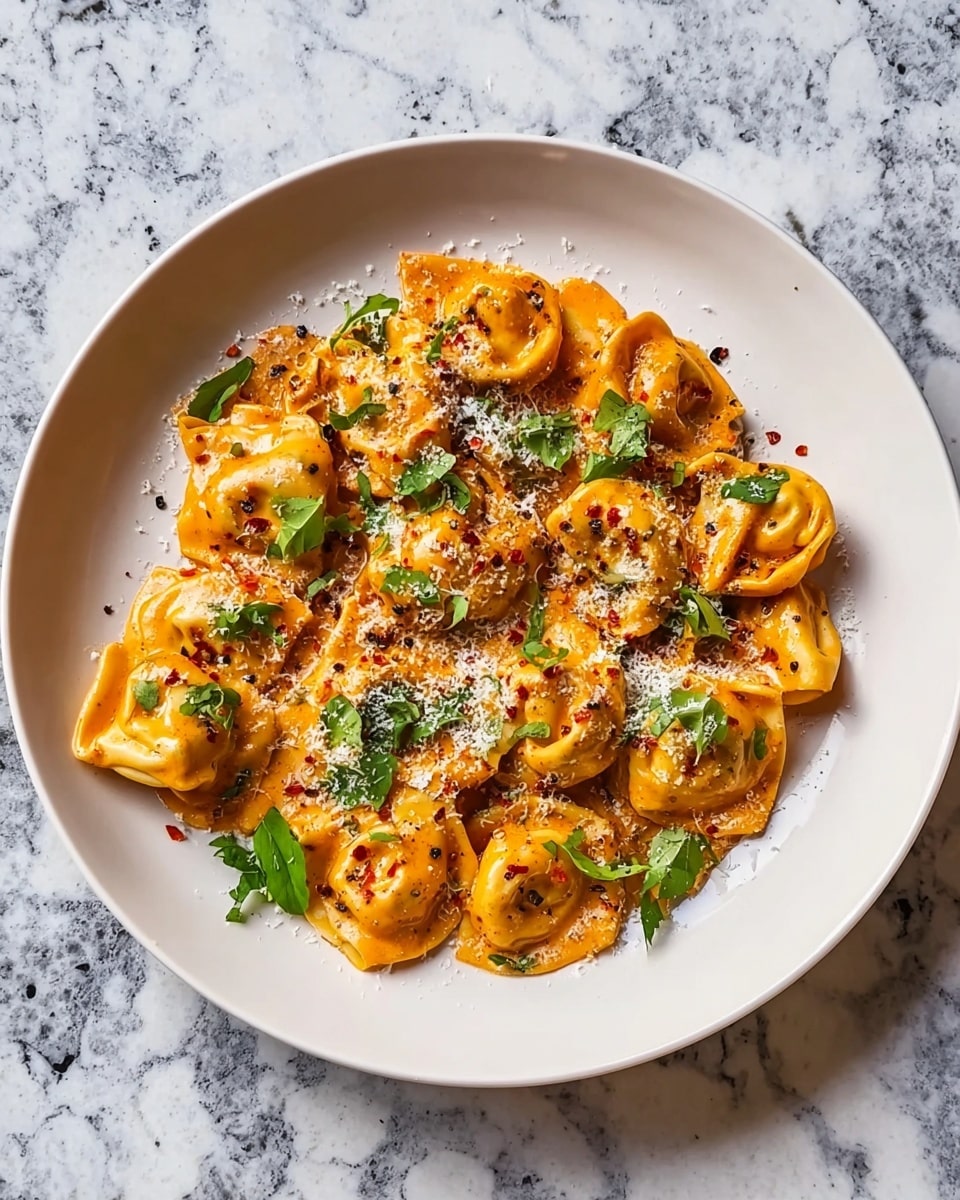 A white plate holds a single layer of tortellini pasta covered in a rich orange creamy sauce. The tortellinis have a soft, folded shape with slightly browned edges, showing their cooked texture. Scattered on top are fresh green herbs, likely parsley, adding a bright contrast. The dish is finished with a sprinkle of grated white cheese and tiny black pepper flakes, giving it a textured, flavorful look. The plate rests on a white marbled surface. photo taken with an iphone --ar 4:5 --v 7