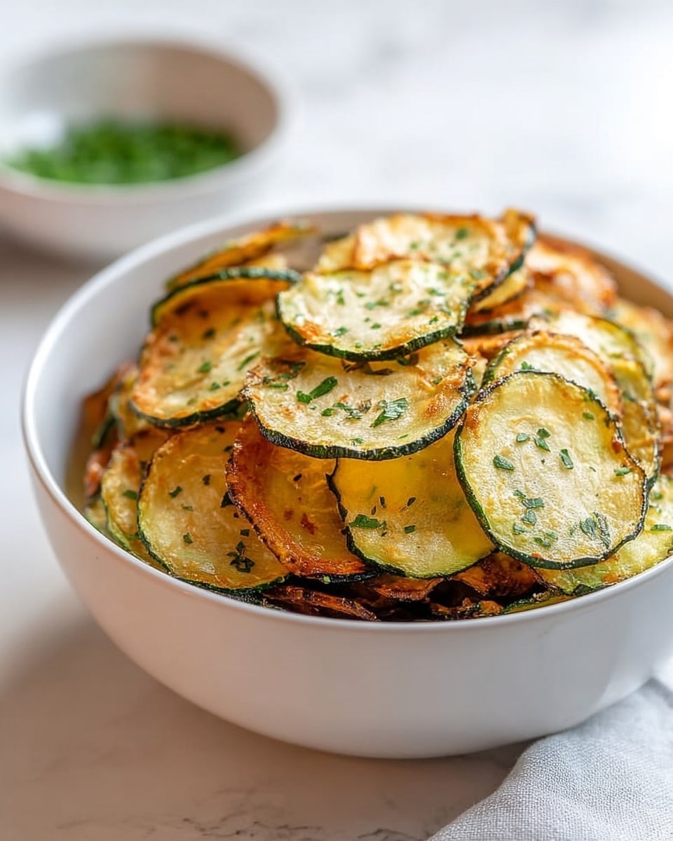 A white bowl filled with several layers of thin, round zucchini chips that are golden brown with toasted edges and sprinkled with finely chopped green herbs. The chips have a crispy texture with varying shades of light yellow and green from the zucchini skin, stacked loosely and overflowing in the bowl placed on a white marbled surface. In the background, there is a blurred white bowl with green chopped herbs, adding a fresh touch to the scene. Photo taken with an iphone --ar 4:5 --v 7
