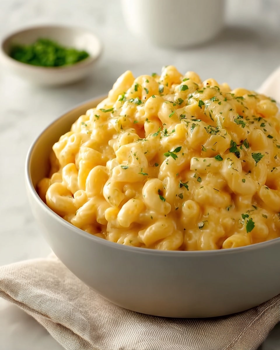 A large heap of creamy macaroni and cheese fills a white bowl, showing about one layer of small elbow pasta covered thickly in smooth, rich, yellow cheese sauce, sprinkled evenly with small bits of fresh green herbs on top. The bowl sits on a beige cloth against a white marbled texture surface with a blurred small white bowl of green herbs in the background. photo taken with an iphone --ar 4:5 --v 7