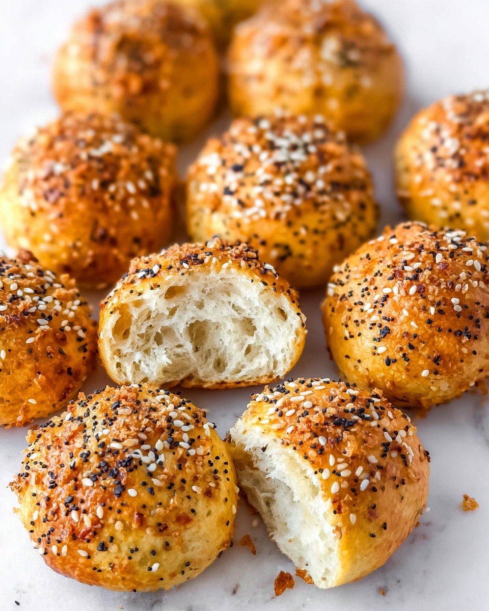 A close-up view of a group of round golden-brown bread balls arranged on a white marbled surface, each covered with white sesame seeds, black poppy seeds, and bits of dried onion flakes. One bread ball is cut in half, revealing a soft, airy, white inside with a light texture. The outer crusts are slightly shiny and have a crisp look, giving a nice contrast to the fluffy interior. The bread balls are placed close together, showing a variety of angles and the detailed topping on each one. photo taken with an iphone --ar 4:5 --v 7