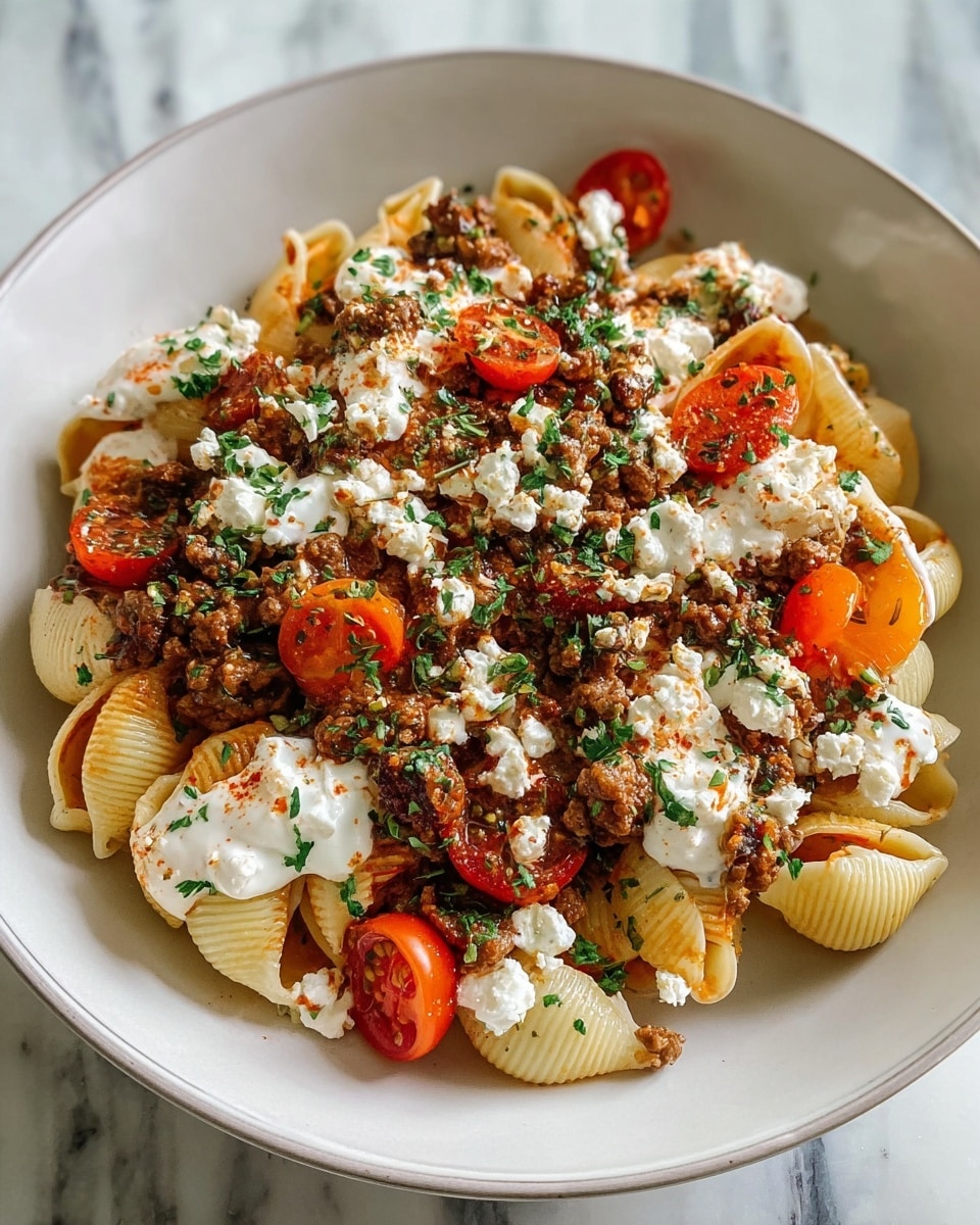 A white bowl filled with one main layer of large shell pasta, creamy white sauce spread unevenly over the pasta, topped with crumbled white cheese and a cooked ground meat sauce with a rich brown and reddish color mixed with small cooked onion pieces. Bright red cherry tomato halves and chopped green herbs scatter on top, adding fresh color. The bowl sits on a white marbled surface. photo taken with an iphone --ar 4:5 --v 7