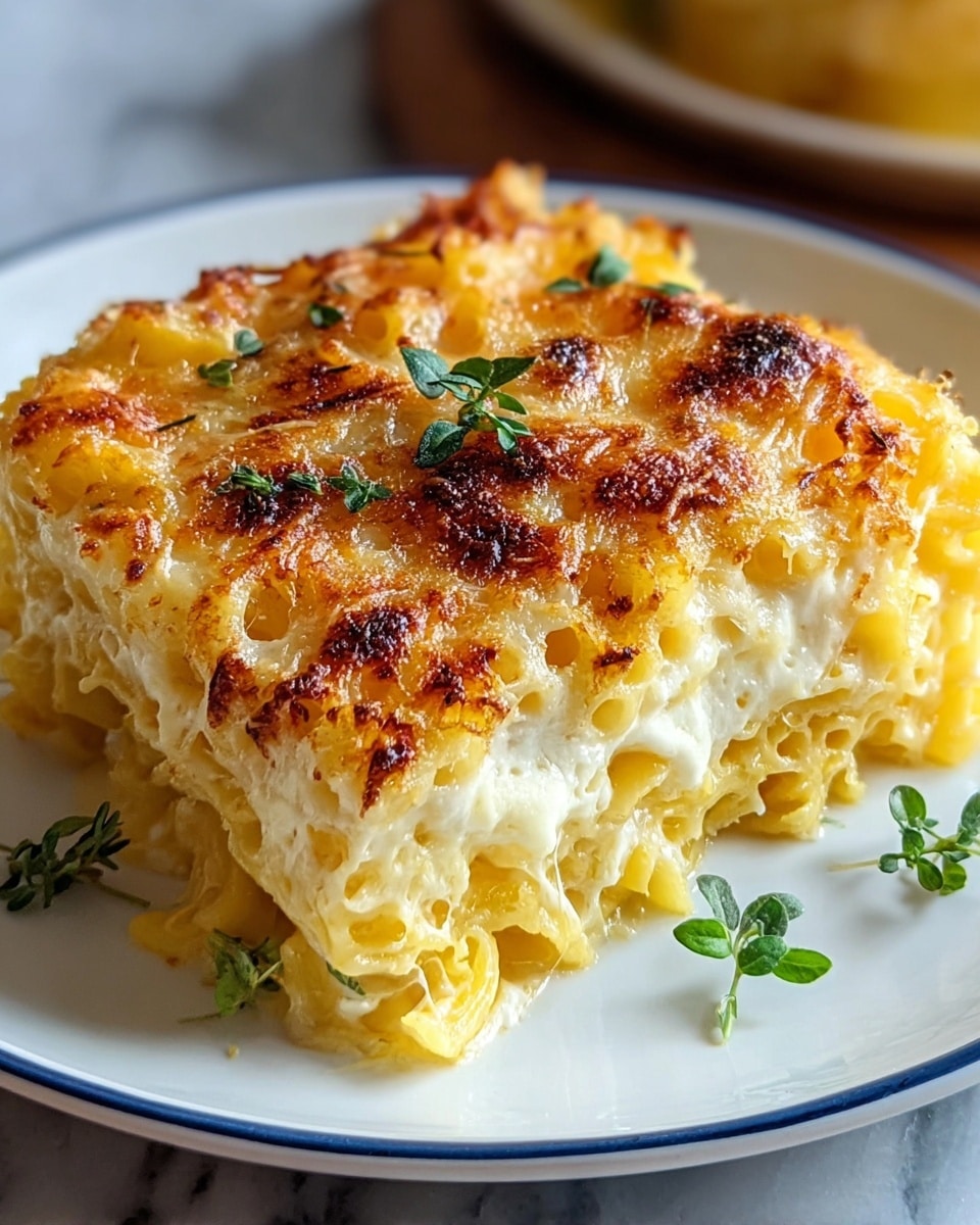 A square slice of baked macaroni and cheese sits on a white plate with a thin blue rim, placed on a white marbled surface. The dish has three visible layers: the bottom layer is yellow baked pasta, the middle layer is creamy white cheese sauce melting through the pasta, and the top layer is golden brown melted cheese that is slightly crispy and dotted with small browned spots. A few sprigs of fresh green herbs are sprinkled on top, adding a touch of color. The cheese has a glossy texture with some bubbling and slight crisp edges. Photo taken with an iphone --ar 4:5 --v 7