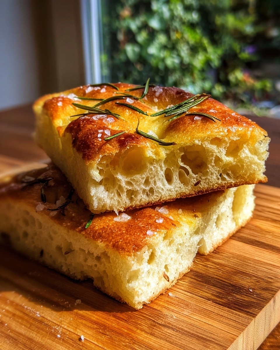 Two thick square pieces of focaccia bread are stacked on a wooden cutting board. The bread has a golden-brown crust with a shiny, slightly oily texture on top. There are small coarse salt crystals and fresh green rosemary sprigs scattered over the surface. The inside of the bread is light and airy with large, uneven holes in the soft dough. The background shows a blurred window with green plants outside, and the wooden surface reflects warm sunlight. photo taken with an iphone --ar 4:5 --v 7