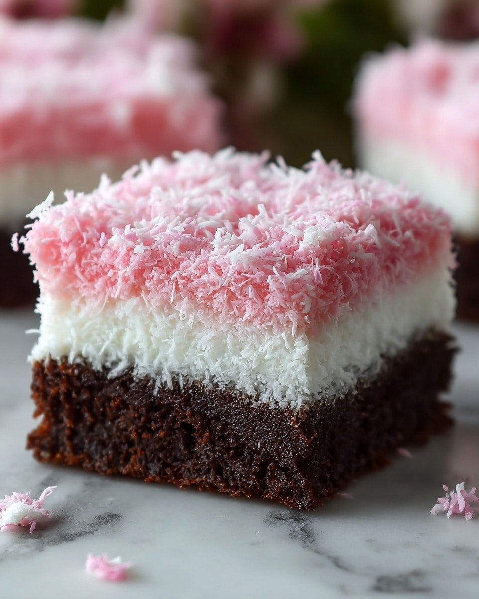 A close-up of a square slice of layered dessert with three visible layers on a white marbled surface; the bottom layer is a dark brown moist cake with a crumbly texture, the middle layer is a thick, fluffy white cream, and the top layer is a light pink shredded coconut topping that covers the entire surface. Small pieces of white and pink coconut are scattered around the dessert. photo taken with an iphone --ar 4:5 --v 7