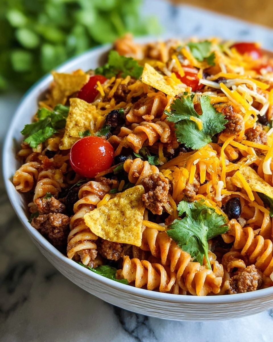 A close-up of a white bowl filled with a colorful layered pasta salad placed on a white marbled texture. The bottom layer consists of rotini pasta with a light reddish seasoning. Mixed throughout are small pieces of cooked ground beef and black beans. Scattered on top are halved red cherry tomatoes, shredded yellow cheese, and broken triangular yellow tortilla chips. Fresh green cilantro leaves are placed on the top, adding a bright touch of color. The textures vary from soft pasta and meat to crunchy chips and fresh herbs. Photo taken with an iphone --ar 4:5 --v 7
