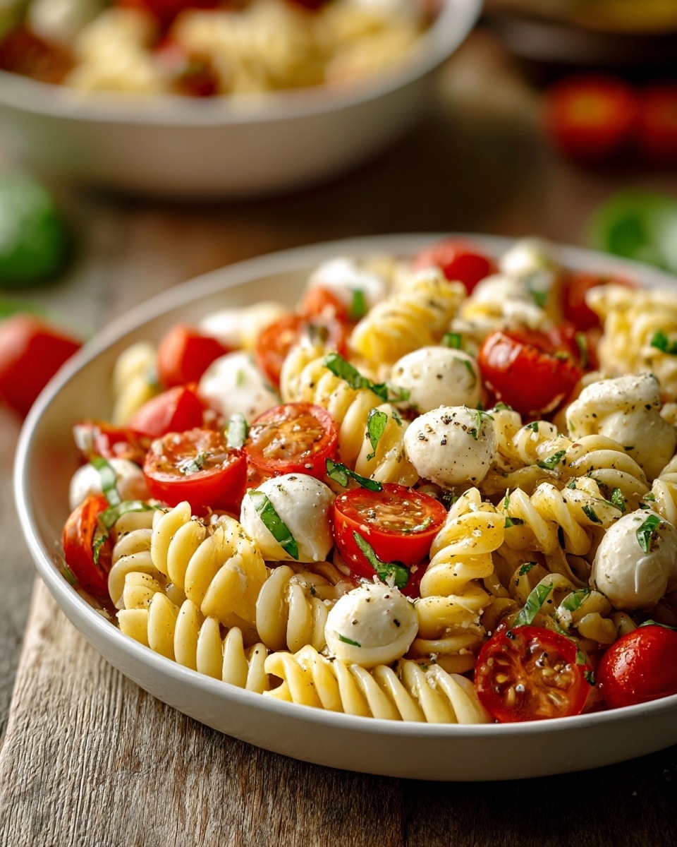 A close-up of a white plate filled with rotini pasta spirals that are pale yellow, mixed with bright red cherry tomato halves and small white mozzarella balls. Scattered finely chopped green basil leaves add a fresh contrast, and a light sprinkle of cracked black pepper is dusted over the top. The pasta salad has a glossy texture from a light dressing, and the bowl is set on a wooden surface with a blurred background featuring another bowl of the salad. Photo taken with an iphone --ar 4:5 --v 7