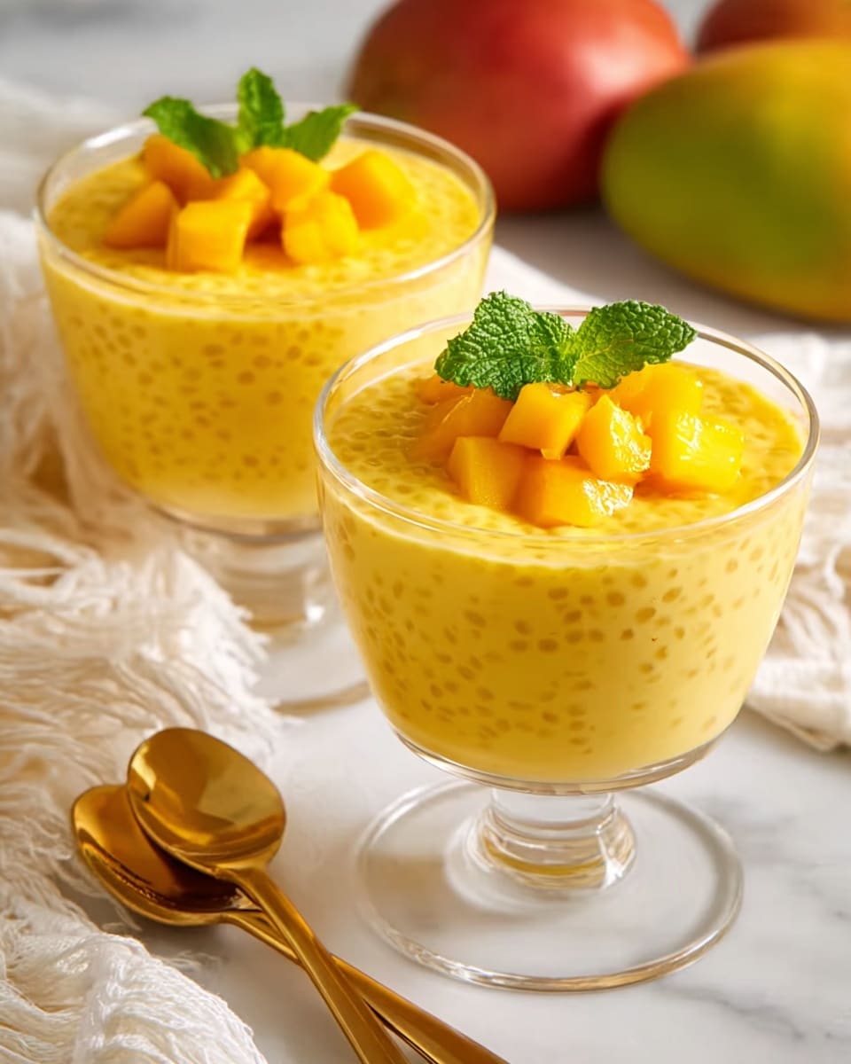 Two clear glass dessert cups are filled with a creamy, bright yellow mango tapioca pudding, showing small tapioca pearls suspended throughout the smooth mixture. Each cup is topped with a few glossy, diced mango pieces and a fresh green mint leaf for decoration. The cups sit on a white marbled surface with a soft white fringe fabric nearby. Two golden spoons lie to the side, adding a touch of warmth to the scene. In the background, blurred ripe mangoes add context to the dessert's flavor. photo taken with an iphone --ar 4:5 --v 7
