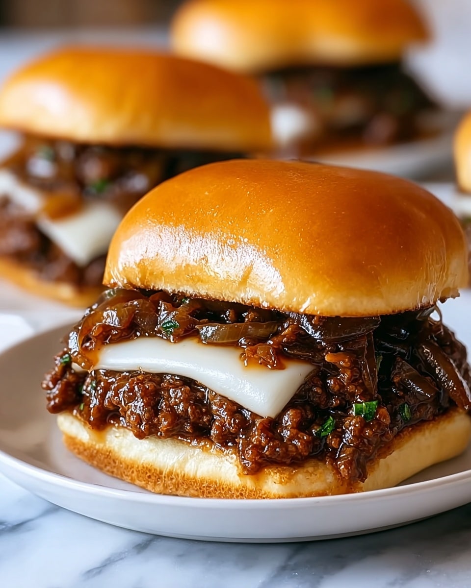 The image shows a close-up of a sloppy joe sandwich on a soft, glossy, golden brown bun. The bottom layer is a thick, dark brown ground beef mix with a glossy texture, spilling slightly over the edges. On top of the meat, there is a slice of melted white cheese that looks smooth and slightly shiny. Above the cheese, there is a layer of caramelized onions, dark brown in color with a glossy, soft texture, mixed with small green herb pieces. The top bun is shiny and lightly browned, completing the sandwich. The sandwich sits on a white plate resting on a white marbled surface with two more sandwiches blurred in the background. photo taken with an iphone --ar 4:5 --v 7