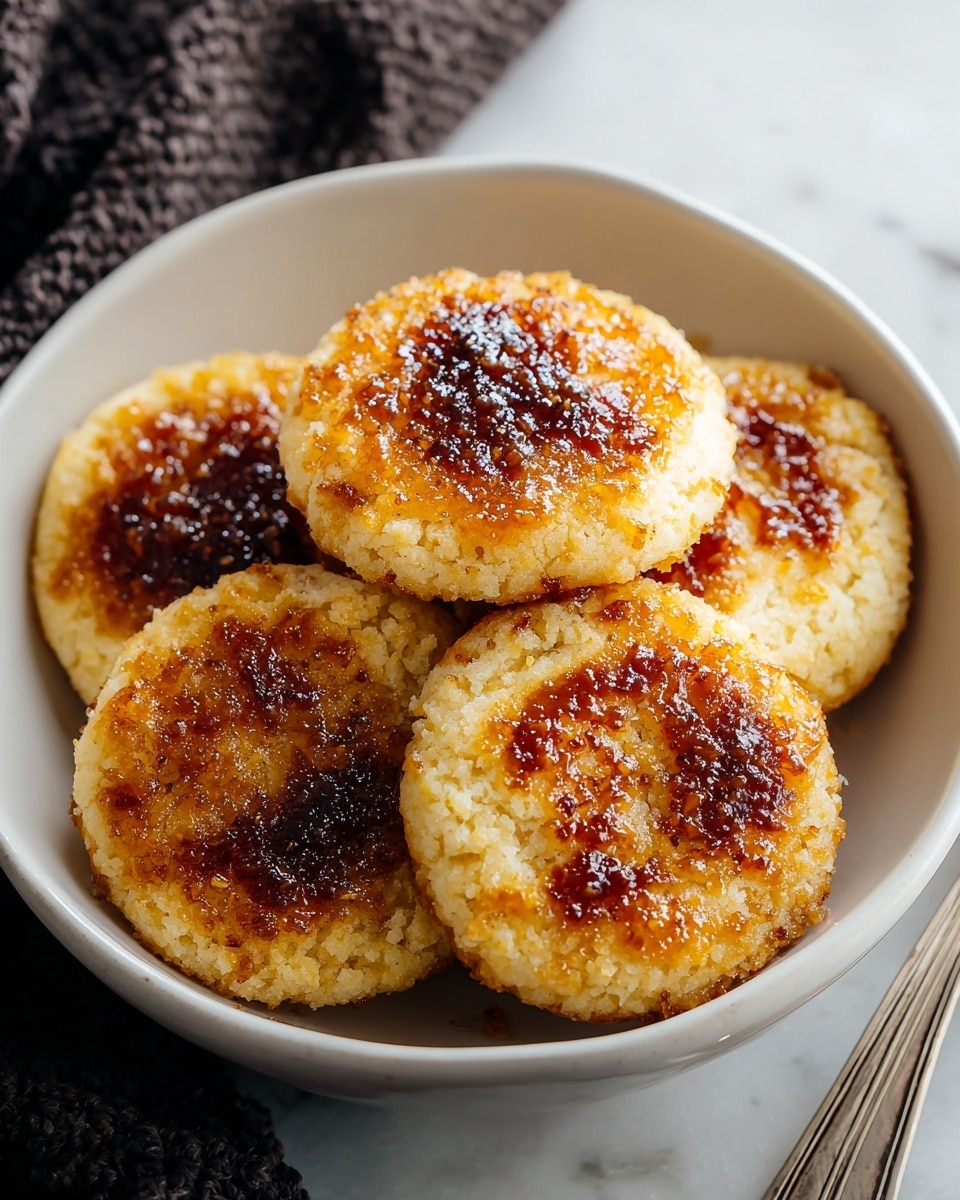 The image shows a white bowl filled with five round cookies that have a rough, crumbly texture. Each cookie has a golden to dark brown caramelized sugar layer on top, giving a glossy, slightly burnt appearance with some uneven patches. The cookies are thick and soft-looking, stacked closely together inside the bowl. The bowl sits on a white marbled surface, with a dark textured cloth partially visible on the left side and a silver fork on the right side. photo taken with an iphone --ar 4:5 --v 7
