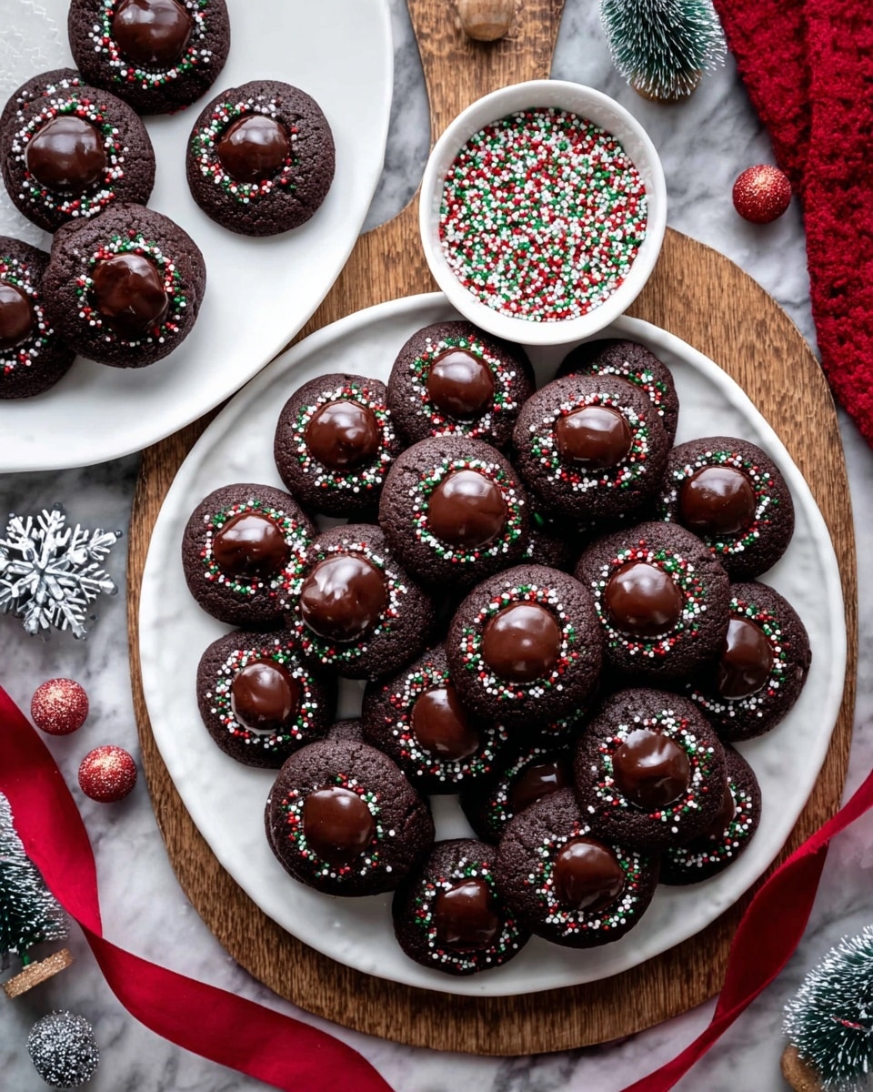 A white round wooden board holds two layers of dark chocolate cookies arranged closely together, each cookie having a smooth, shiny pool of dark chocolate in the center topped with small red, white, and green round sprinkles. At the top of the board, there is a small white bowl filled with the same colored round sprinkles. To the left, another small white plate holds more chocolate cookies with the same topping. The scene is set on a white marbled texture with decorative tiny Christmas trees and small red Christmas ornaments nearby, along with a red ribbon curling around the edge. photo taken with an iphone --ar 4:5 --v 7