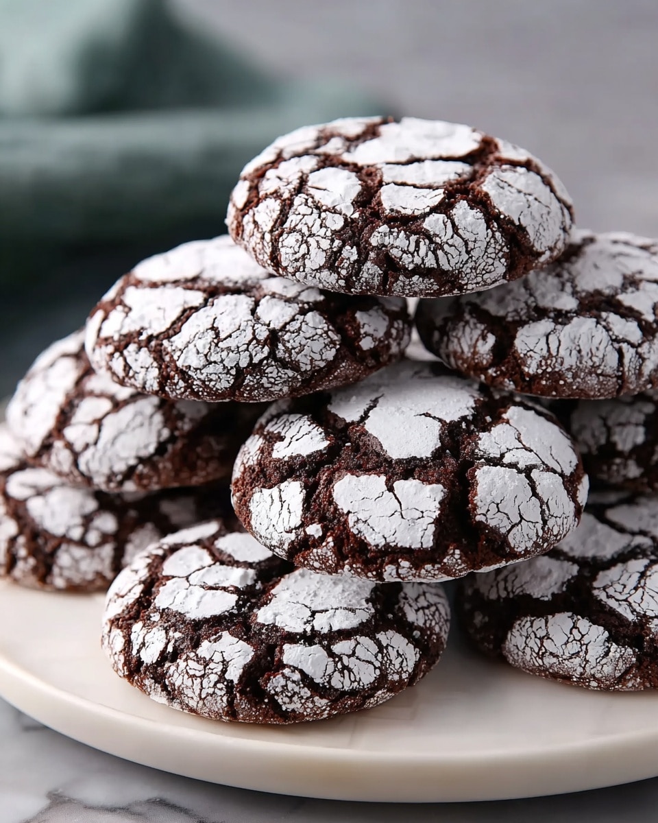 A stack of rich dark brown chocolate crinkle cookies covered with a thin white powdered sugar layer that has cracked open, showing the dark cookie underneath in a pattern like veins, arranged in two main layers with some cookies overlapping each other on a round white plate placed on a white marbled textured surface, the cookies look soft and chewy with a rough texture on top, and the background is blurred with muted colors. photo taken with an iphone --ar 4:5 --v 7