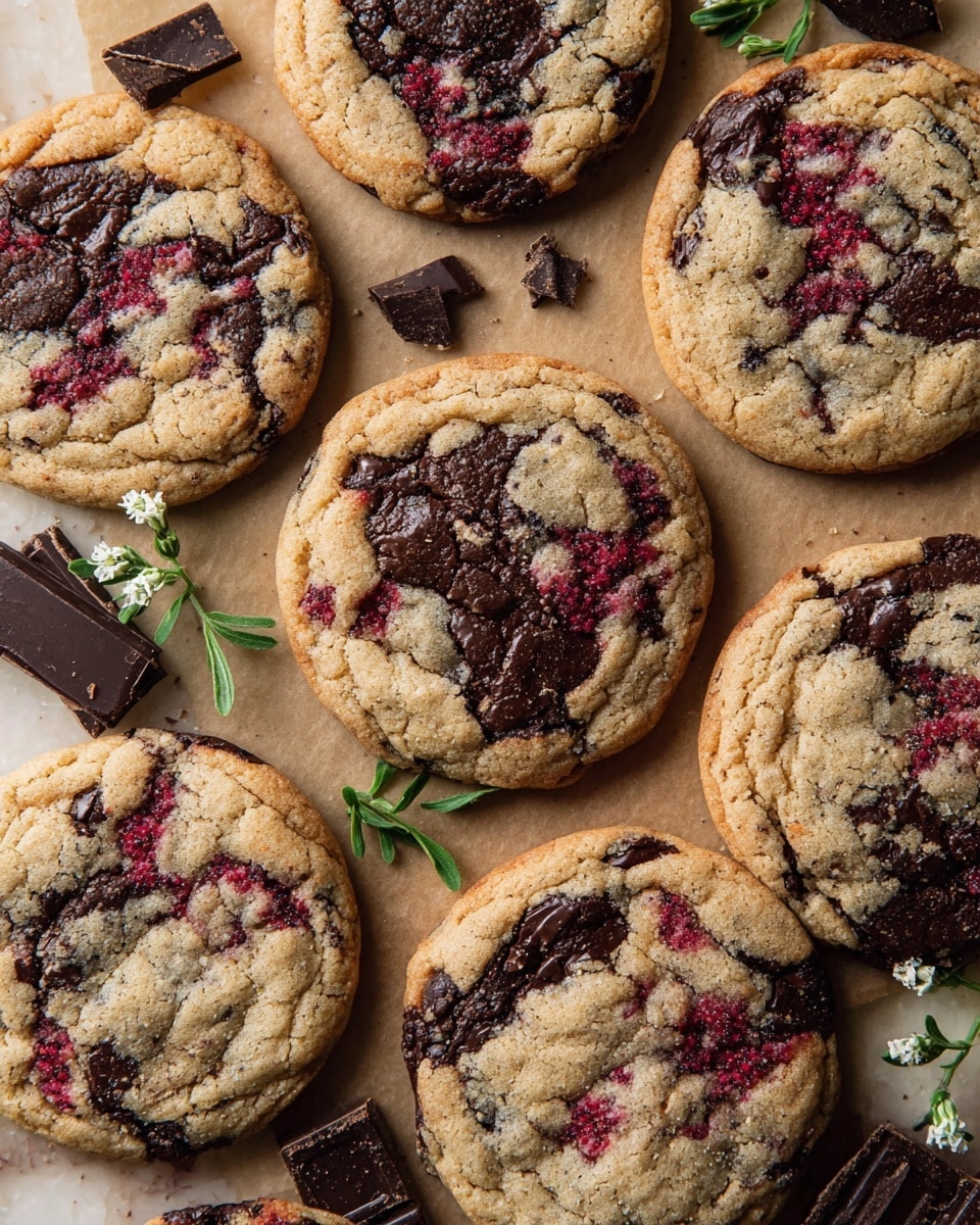 The image shows a collection of round cookies with a cracked, golden-brown surface. Each cookie has embedded dark chocolate chunks and bright red berry pieces, creating a marbled effect of dark brown and red swirls against the beige dough. The cookies are arranged on a light brown paper on top of a white marbled surface. Scattered around the cookies are small pieces of dark chocolate and small green sprigs with white flowers, adding a fresh touch to the scene. The texture of the cookies looks soft and chewy with a slightly crispy edge. photo taken with an iphone --ar 4:5 --v 7