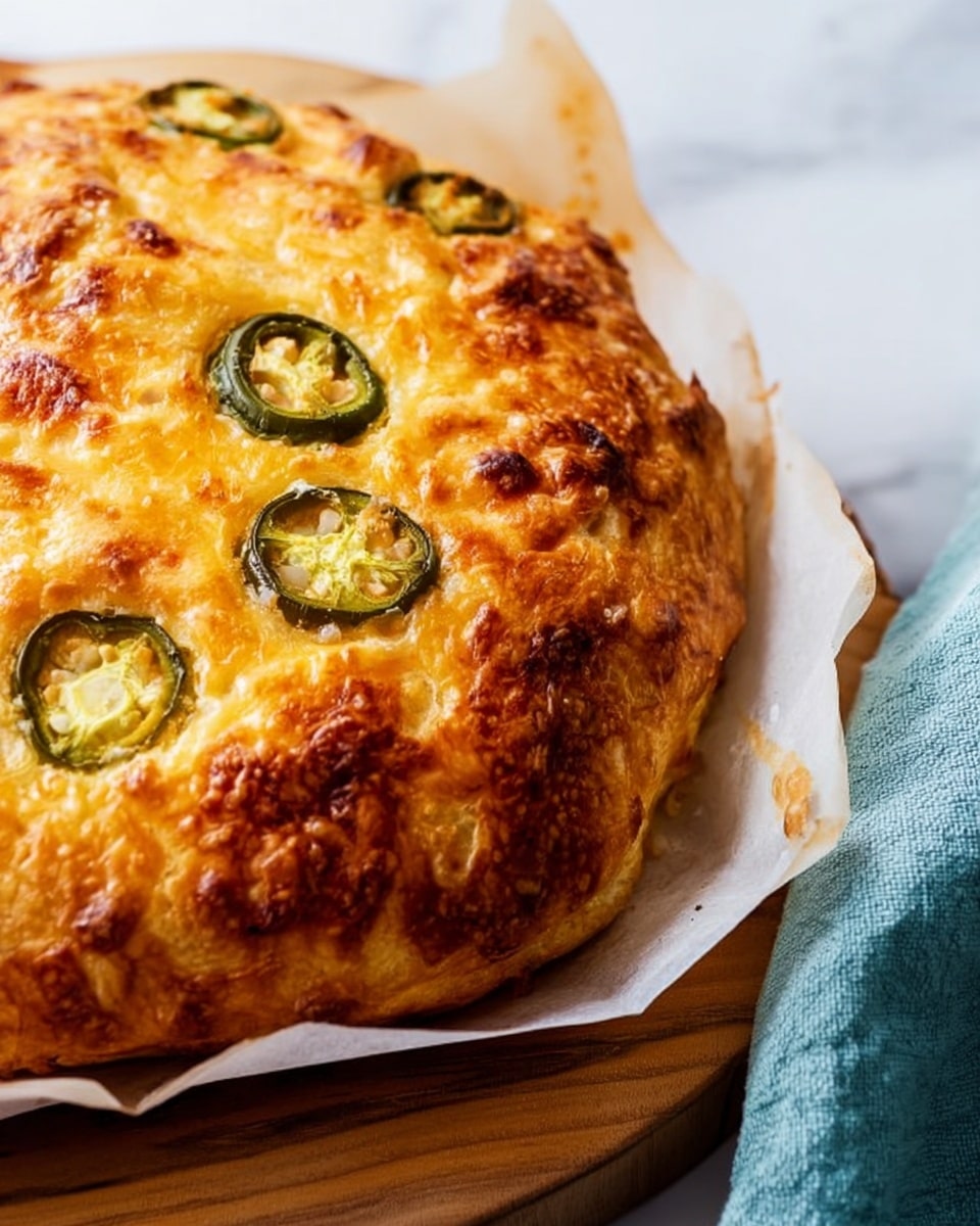 A close-up image of a golden-brown baked dish with a crispy crust, topped with slices of green jalapeño peppers, showing a slightly puffy texture and a few darker browned spots from baking. The dish rests on white parchment paper, placed on a wooden board with a soft blue cloth to the right side. The background features a white marbled texture for a clean look. photo taken with an iphone --ar 4:5 --v 7