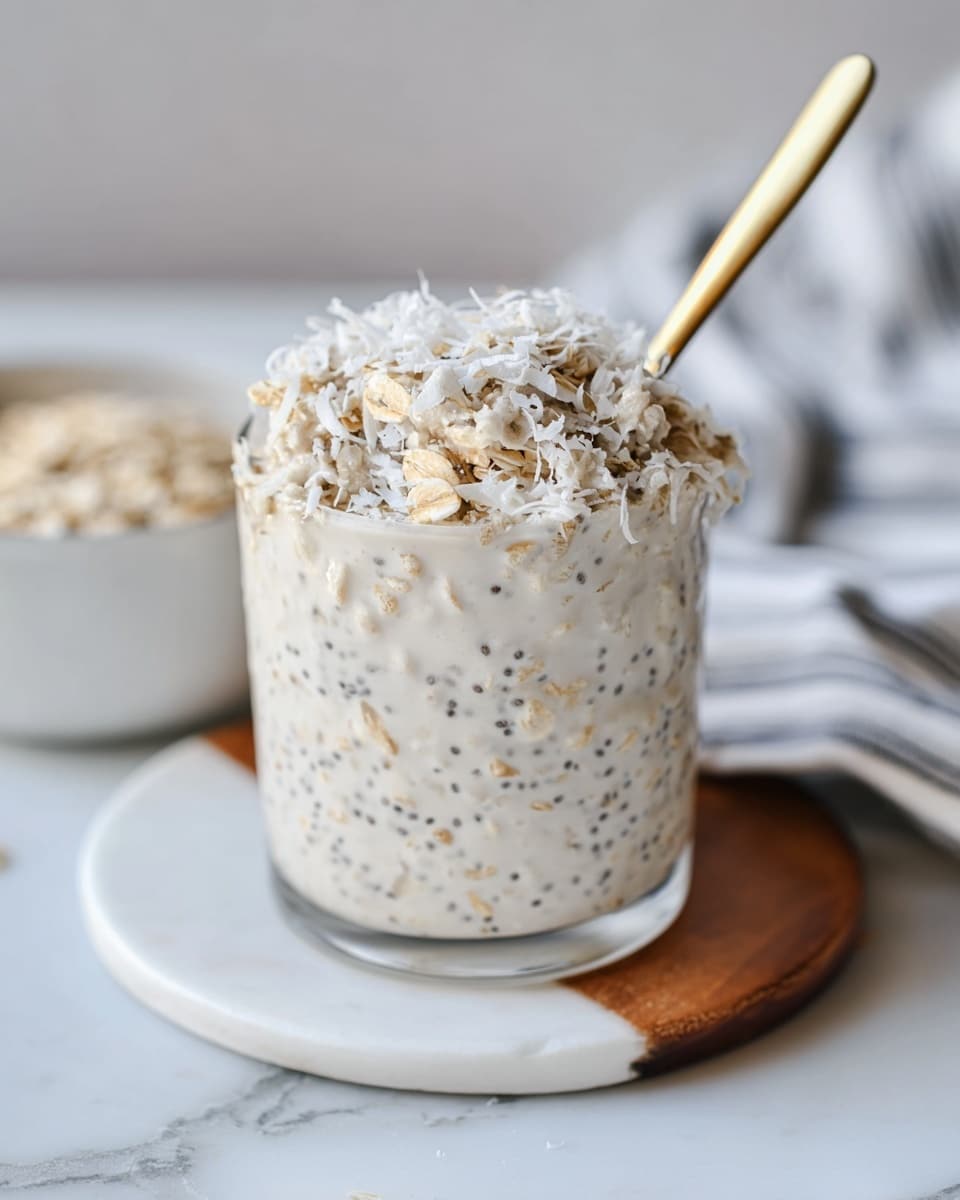 A clear glass filled to the top with a creamy, white mixture that has visible small black chia seeds and light brown oats mixed throughout. On top, there is a thick layer of oats and shredded white coconut, looking soft and dense, with a gold spoon placed in the glass. The glass sits on a small white plate with a brown wooden corner, all set on a white marbled surface. A blurred background shows a white bowl of oats and a striped cloth. Photo taken with an iphone --ar 4:5 --v 7