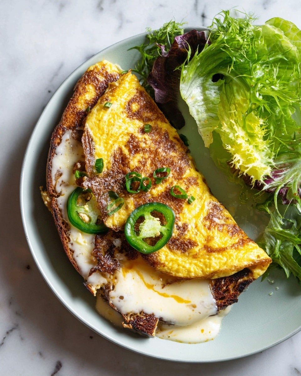 The dish shows two folded golden-brown omelettes with a slightly crispy texture, placed on top of a layer of melted creamy white cheese and a base of dark brown toasted bread. There are green slices of jalapeño peppers partially tucked inside the omelettes, adding a fresh pop of color. On the side, there is bright green leafy lettuce with light and darker shades. The food is served on a white plate on a white marbled surface. Photo taken with an iphone --ar 4:5 --v 7