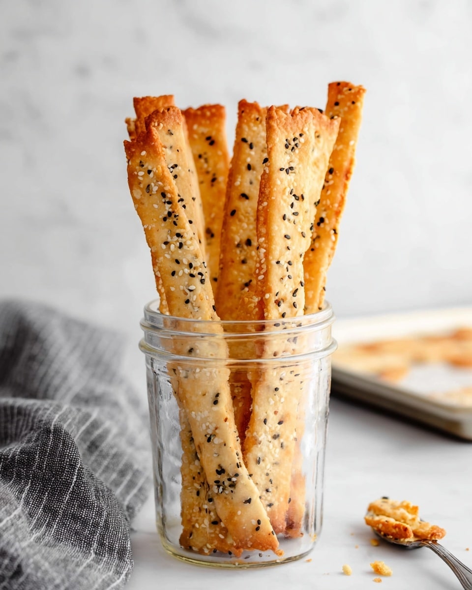 A clear glass jar holds five long, thin crackers standing upright. Each cracker has a golden-brown color with some lighter and darker spots, showing a crispy texture. The edges are wavy and slightly darker. The crackers are sprinkled with black and white sesame seeds and some other small seeds. The jar is placed on a white marbled surface, with a gray striped cloth to the left and a white baking tray blurred in the background to the right. A small spoon with crumbs lies near the jar. Photo taken with an iphone --ar 4:5 --v 7