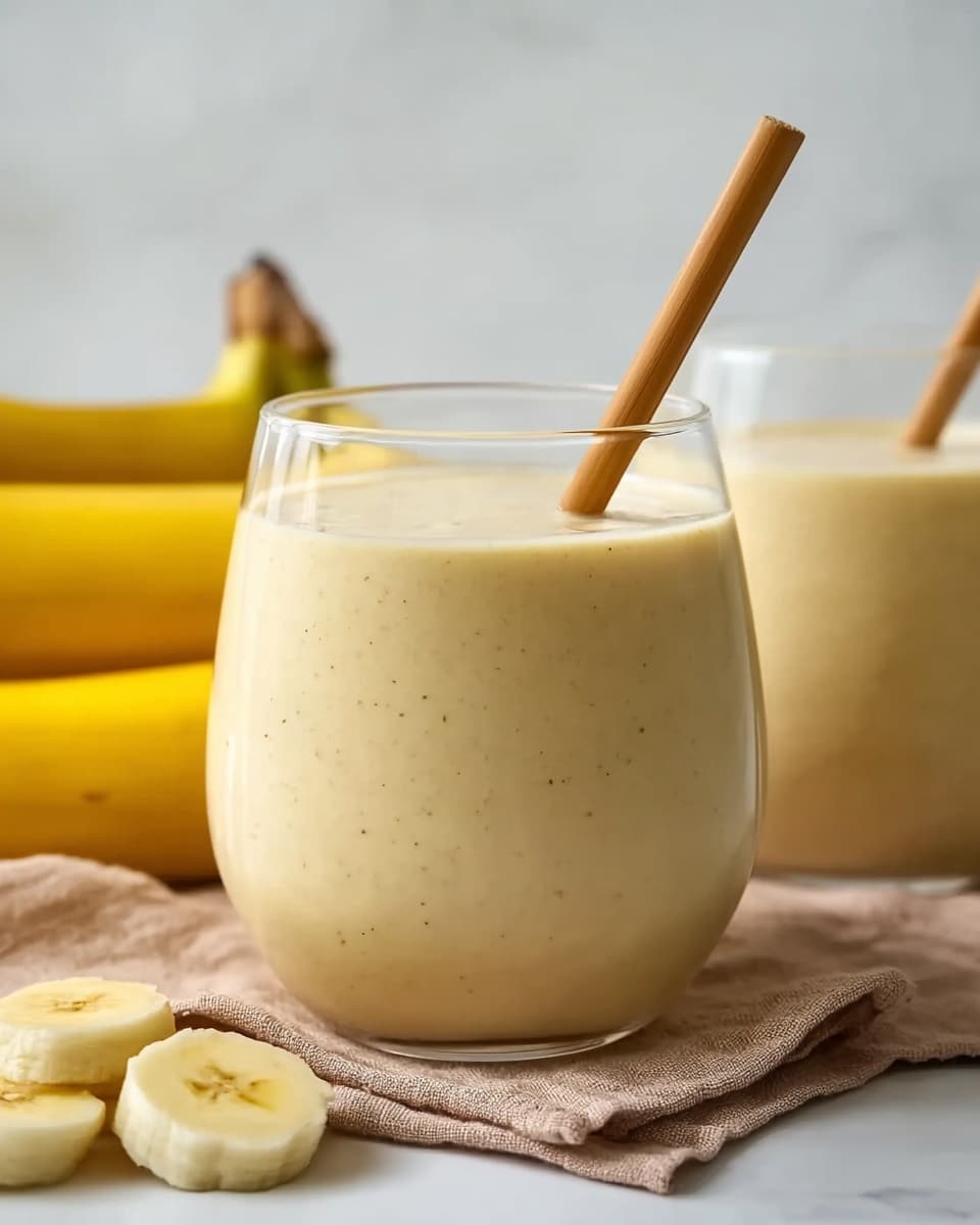 The image shows a clear glass filled almost to the top with a thick, creamy, pale yellow smoothie. Tiny black specks are spread evenly throughout the drink, adding texture to the smooth surface. A light brown straw is placed inside the glass, leaning slightly to the right. In the background, there is another glass with the same smoothie and straw, slightly out of focus. Around the base of the glasses, there are several slices of banana, pale yellow with darker spots in the middle, placed on a soft, light brown cloth that sits on a white marbled surface. Two whole yellow bananas lean against a plain white background behind the glasses. Photo taken with an iphone --ar 4:5 --v 7