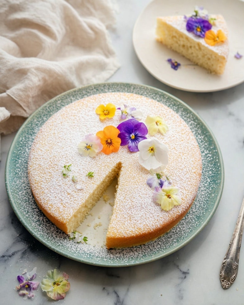 A round single-layer light yellow cake sits on a white plate with a textured turquoise rim, dusted evenly with white powdered sugar on top. The cake is decorated with seven small edible flowers in colors of yellow, orange, white, purple, and light blue scattered near the center. One slice is cut out from the cake, showing its soft, airy, and slightly grainy texture inside. In the background on the white marbled surface, a white plate holds the slice of cake, also dusted with powdered sugar, with a purple and yellow flower decoration on top. A crumpled light beige cloth and a silver cake server are partially visible beside the main plate. photo taken with an iphone --ar 4:5 --v 7