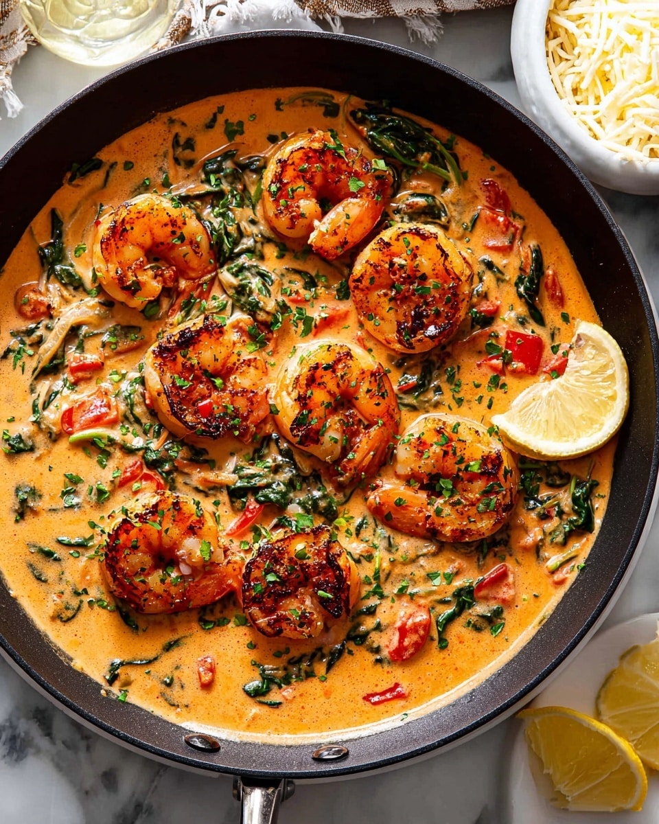 A black pan filled with a creamy orange sauce that has small pieces of dark green spinach and red bell peppers scattered throughout. On top, there are seven large grilled shrimp with a golden-brown crust, sprinkled with green herbs. Two lemon wedges sit on the edge of the pan, adding a yellow contrast to the warm colors. The pan rests on a white marbled surface, with a white bowl of shredded cheese nearby and a small white plate holding a lemon wedge in the corner. photo taken with an iphone --ar 4:5 --v 7