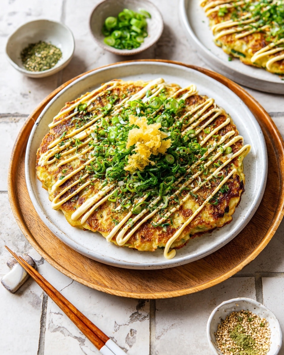 The image shows a round, golden-brown okonomiyaki pancake topped with light yellow mayonnaise drizzled in diagonal lines. On top, there are bright green chopped scallions and pale yellow pickled ginger petals scattered in the center. The pancake sits on a white plate placed on top of a round wooden tray, all set on a white marbled tiled surface. Around the main dish, there are small white bowls containing chopped scallions and a green seasoning mix with sesame seeds. In the foreground, there is a pair of wooden chopsticks with silver and white painted handles resting on the surface. Photo taken with an iphone --ar 4:5 --v 7