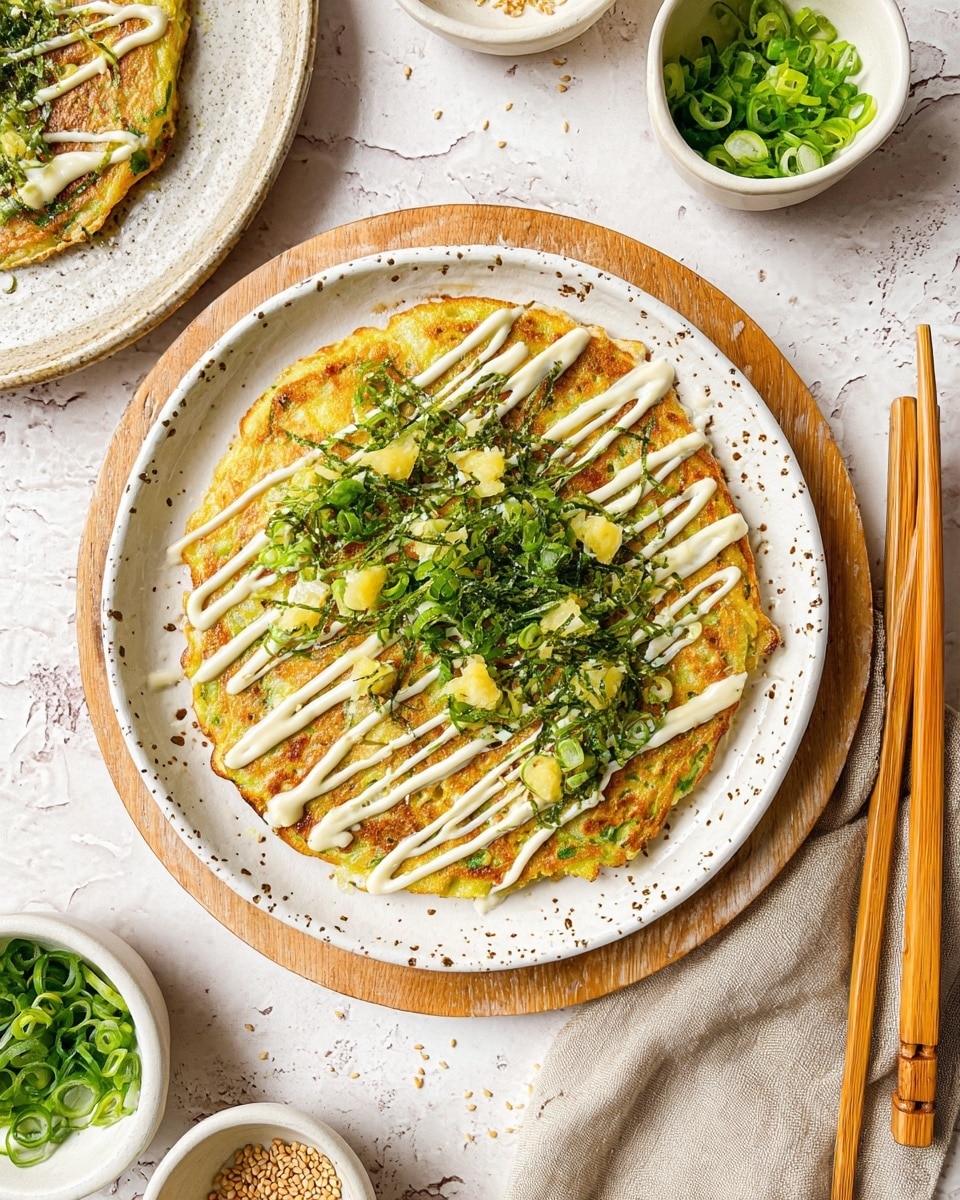 The dish is a single round pancake with a golden-brown, slightly crispy textured surface, placed on a white plate with speckled pattern, which is set on a wooden charger. The pancake is topped with thin diagonal white sauce lines drizzled over it, fresh green chopped scallions scattered generously, and small dollops of light yellow pickled ginger. Around the plate, there are additional fillings, including finely chopped green scallion pieces and sesame seeds in small white bowls. Wooden chopsticks are placed to the right side of the platter, while a soft beige cloth napkin sits to the left. The background is a white marbled textured surface. Photo taken with an iphone --ar 4:5 --v 7