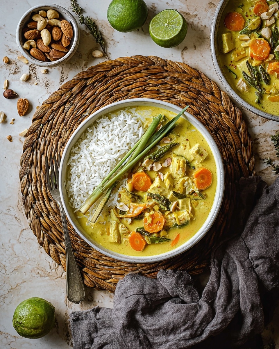 A white bowl filled with a creamy yellow curry showing chunks of orange carrots, green vegetables, and pieces of tofu or chicken mixed in. On one side of the bowl, there is a mound of white rice. Two thin green lemongrass stalks lie across the rice and curry, while a round slice of lime rests on top near the edge. The bowl sits on a woven round mat placed on a white marbled textured surface. Nearby, a small white bowl with mixed nuts, two whole limes, scattered cardamom pods, and a silver fork complete the scene. A grey cloth napkin is tucked beside another bowl with similar contents on the upper right. Photo taken with an iphone --ar 4:5 --v 7