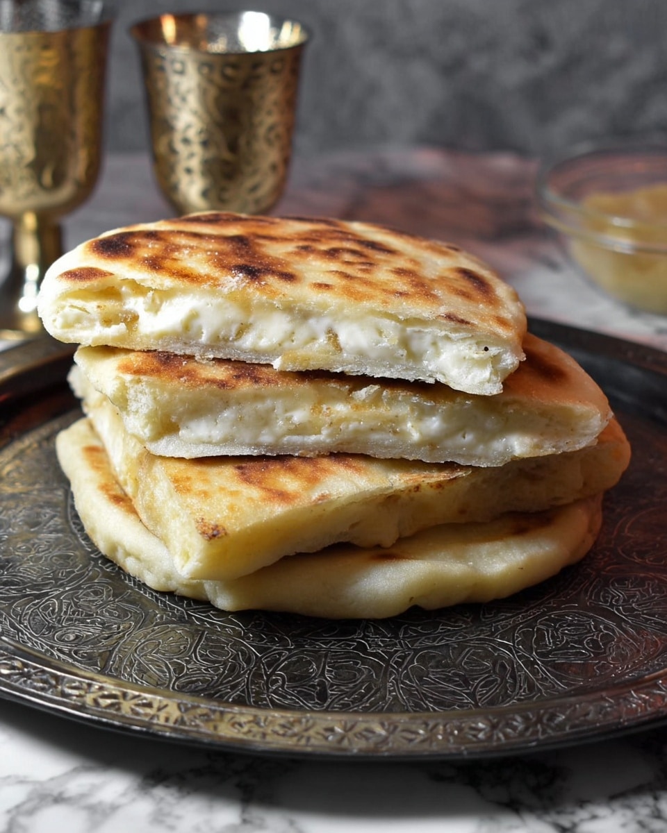 A stack of four golden-brown flatbreads sits on an intricately patterned black tray, the top piece cut in half to show its soft white cheese filling inside. The flatbreads are thick with a slightly crispy, browned top and a light, fluffy inner dough. Behind the stack, two small silver cups and a clear bowl can be seen slightly blurred. The surface beneath the tray is replaced with a white marbled texture. photo taken with an iphone --ar 4:5 --v 7