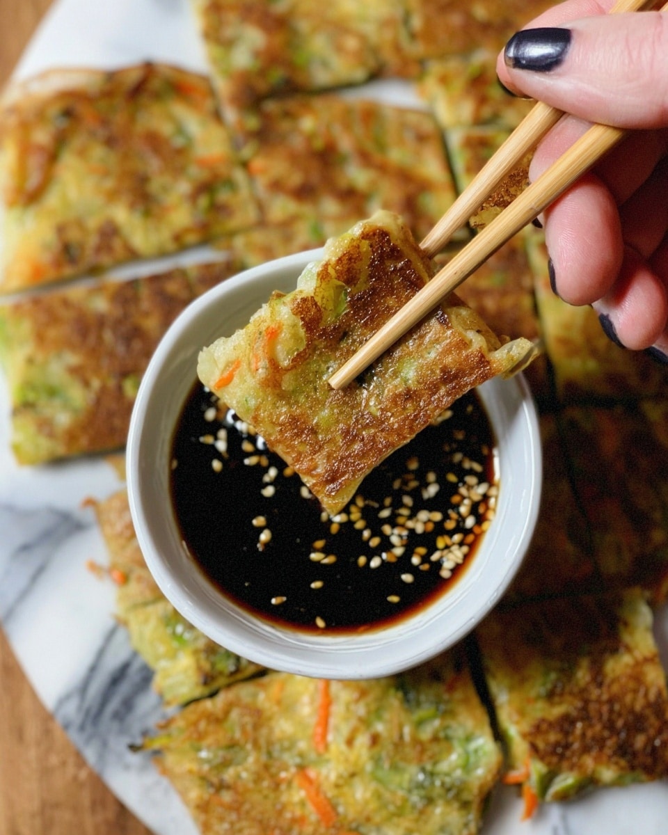 A close-up image shows a woman's hand holding a small white bowl filled with dark soy sauce topped with light brown sesame seeds. Another woman's hand uses chopsticks to hold a square piece of golden brown, slightly crispy pancake with visible bits of green and orange vegetables. The background has several pieces of the same golden vegetable pancake arranged on a white marbled surface. The pancake looks layered with a crispy top and a softer, textured inside, showing flecks of vegetables. Photo taken with an iphone --ar 4:5 --v 7