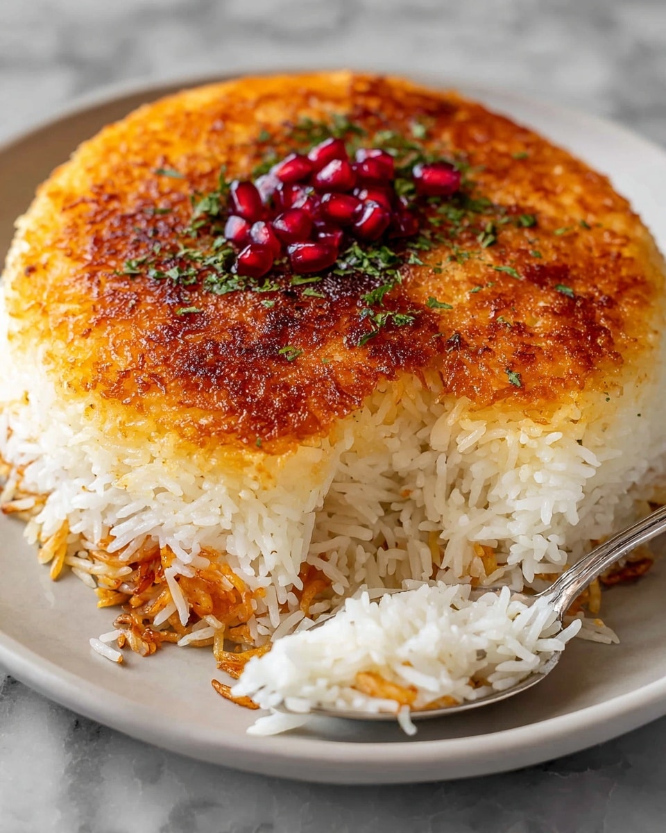 The image shows a round serving of crispy tahdig rice with three visible layers: the bottom layer has white long-grain rice with some reddish-orange toned rice mixed in, the middle layer consists of plain white rice, and the top layer is a golden-brown crunchy crust with a slightly textured surface. In the center of the crust, there is a small cluster of bright red pomegranate seeds garnished with finely chopped green herbs. The dish sits on a white plate placed on a white marbled surface, with a silver spoon scooping some white rice from the edge. Photo taken with an iphone --ar 4:5 --v 7