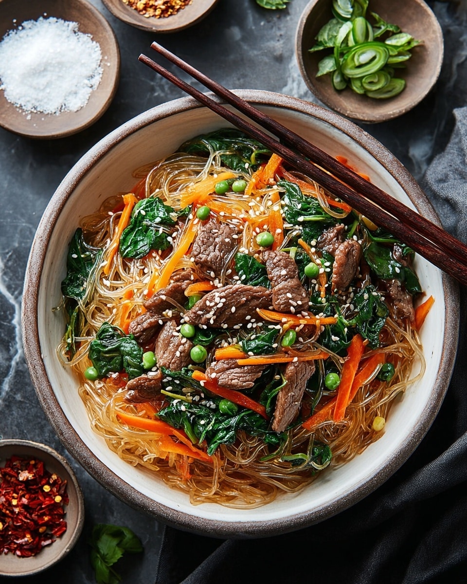 A white deep bowl filled with thin, light brown glass noodles forms the base layer, topped with a mix of sliced brown cooked beef pieces, bright orange julienned carrots, vibrant green peas, and dark green wilted spinach leaves. The dish is sprinkled with small white sesame seeds, adding texture and contrast. Dark wooden chopsticks rest on the bowl, crossing over the noodles and toppings. The background shows a white marbled texture with small white and dark brown bowls containing coarse salt, fresh green herbs, and red chili flakes around the bowl. photo taken with an iphone --ar 4:5 --v 7