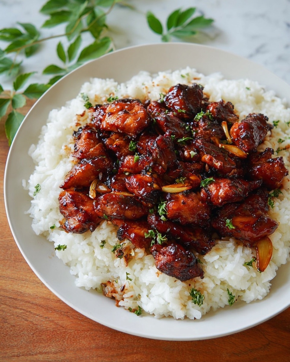 The dish shows a white plate filled with a base layer of fluffy white rice with a slightly sticky texture. On top of the rice, there is a thick layer of glossy, dark brown grilled chicken pieces that look juicy and tender, coated in a shiny sauce. Scattered among the chicken are small slices of browned garlic and tiny green parsley flakes that add a fresh touch. The plate is placed on a white marbled surface, and in the background, there are some green leaves visible, giving a fresh, natural feel. photo taken with an iphone --ar 4:5 --v 7